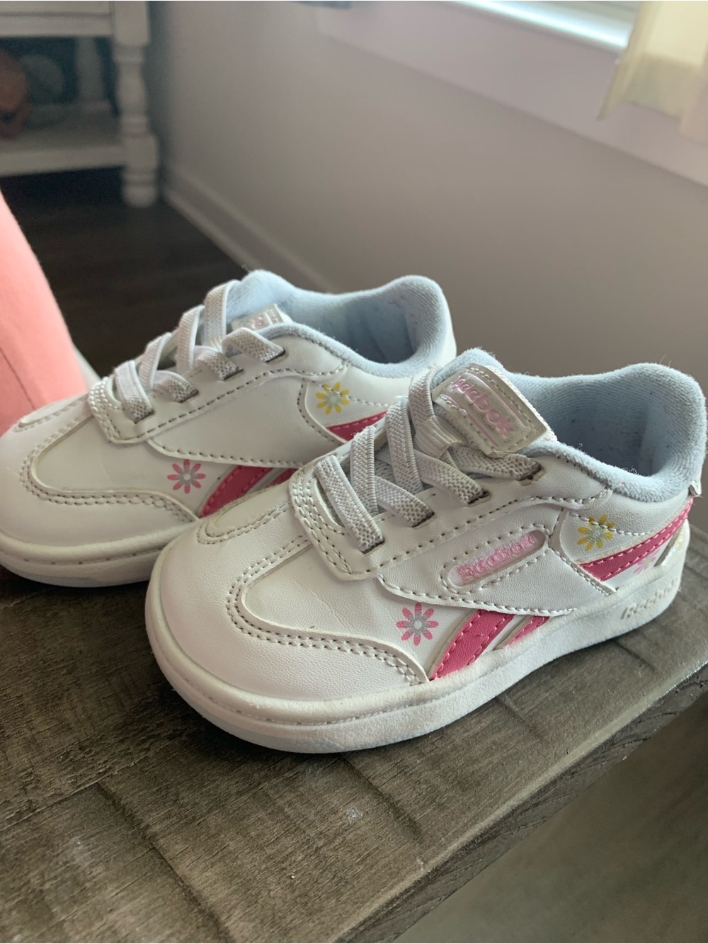 Reebok White and Pink Kids Sneakers with Floral Accents